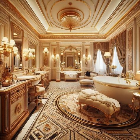 Royal Luxury Bathroom Design, Royal Bathroom Luxury, Royal Bathroom Aesthetic, Castle Bathroom, Palace Bathroom, Ranch Bathroom, Mansion Bathroom, Dream House Pictures, Luxury Houses Kitchen