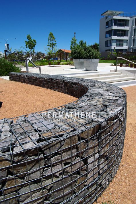 Permathene.com.au #architecture #gabiondesign #gabion #architectural #retainingwall #urbandesign #permathenegabion Gabion Wall Design, Gabion Walls, Gabion Stone, Gabion Cages, Gabion Retaining Wall, Gabion Fence, Gabion Baskets, Stone Wall Design, Gabion Wall