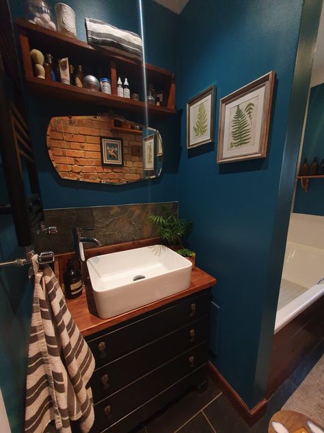 Vintage Dark teal and black bathroom vintage washstand Marine Blue Little Greene Paint Co Teal And Black Bathroom, Blue Small Bathrooms, Small Dark Bathroom, Bathroom Ideas For Small Bathrooms, Dark Blue Bathrooms, Teal Bathroom Ideas, Turquoise Bathroom, Teal Interiors, Ideas For Small Bathrooms