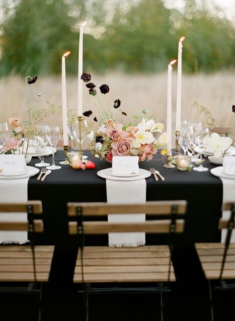 Neutral Wedding Centerpieces, Black Tablecloth Wedding, Black Table Cloth, Eclectic Inspiration, Berry Wedding, Black Tablecloth, Wedding Tablecloths, Wedding Tablescape, Preowned Wedding Dresses