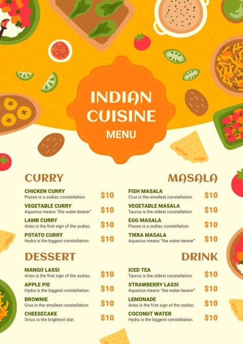 Hand-drawn Colorful Indian Cuisine Restaurant Menu Indian Food Menu Card, Indian Food Menu, Vegetable Masala, Restaurant Menu Card, Menu Design Layout, Egg Masala, Menu Card Design, Healthy Food Menu, Food Template