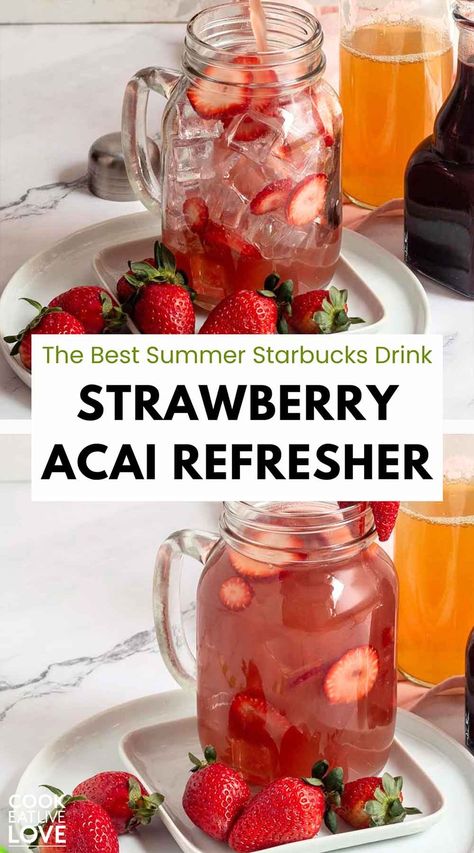 Quench your thirst with this easy, Starbucks Summer Strawberry Acai Refresher, copycat recipe! This summer Starbucks drink is packed with the fresh, fruity flavors of strawberries and acai, it's the perfect drink to refresh and rejuvenate. Smooth, silky, and bursting with flavor, it's sure to become your homemade Starbucks refresher! #summerstarbucksdrinks #starbucksrefreshers #summerdrinks Starbucks Acai Refresher Recipe, Refresher Recipes, Diy Strawberry Acai Refresher, Strawberry Acai Refresher Recipe, Starbucks Strawberry Acai Refresher With Coconut Milk, Starbucks Strawberry Acai Refresher Recipe, At Home Strawberry Acai Refresher, Acai Juice, Starbucks Strawberry Acai Refresher