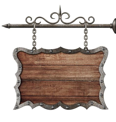 Photo about Medieval wooden sign board hanging on chains isolated on white. Image of plate, retro, panel - 38373331 Wooden Sign Board, Wooden Logo, Medieval Decor, Graphics Tees, Storefront Signs, Certificate Design Template, Powerpoint Design Templates, Borders Design, Pallet Wall