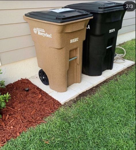 Trash Cans Outdoor, Trash Can Paver Pad, Pavers For Trash Cans, Hide Trash Cans Outside, Trash Can Storage Outdoor, Hide Trash Cans, Trash Can Storage, 1st House, Outdoor Trash Cans