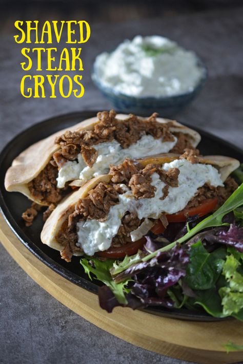 Gyro Recipe Beef, Steak Gyros, Shaved Steak Recipe, Shaved Beef Recipe, Gyros With Tzatziki Sauce, Gyro Meat Recipe, Shaved Beef, Shaved Steak, Beef Gyro