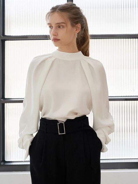 Composition : Polyester 100% Color : Light Beige Country of Origin : Republic of Korea Formal Work Wear Women, Professional Shirts For Women, Womens Work Blouses, Office Blouses For Women Work Outfits, Shomiz Blouses Style, Formal Blouse Designs, Dramatic Blouse, Formal Tops For Women, Satin Blouse Outfit