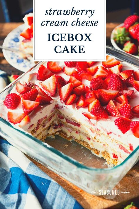 Light, refreshing, and full of cool, creamy, fresh berry flavor, this strawberry cream cheese icebox cake is the perfect easy, no-bake dessert. With layers of graham crackers, pudding, cream cheese, Cool Whip, and sliced strawberries, there’s no cooking necessary — just assemble and chill! 8x8 Desserts, Key Lime Icebox Cake, Strawberry Cream Cheese Icebox Cake, Cream Cheese Icebox Cake, Graham Cracker Dessert, Cracker Dessert, Icebox Cakes, Cheesecake Strawberry, Icebox Desserts