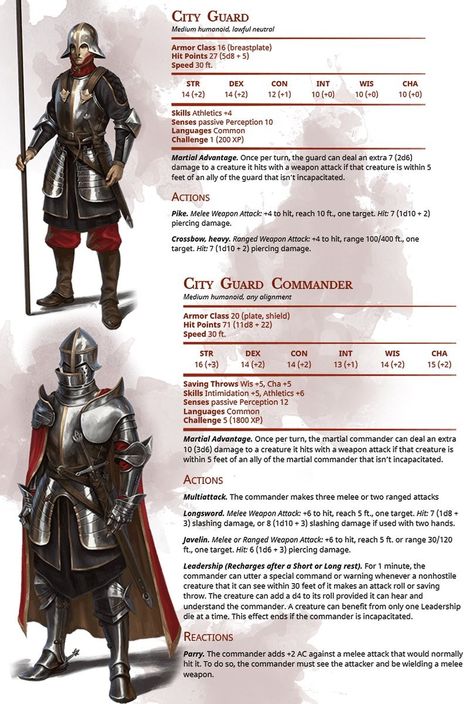 5e NPC - City Guard and Guard Commander Npc Sheet Dnd, Dnd Town Guard, D&d Stat Blocks, Statblock 5e, Zhentarim Dnd, Thieves Guild Dnd, Dnd Enemy Sheet, Npc Dnd Sheet, Dnd City Guard