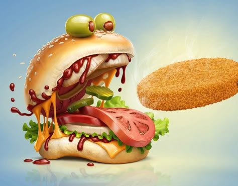 Oscar Ramos on Behance Crazy Burger, Pizza Wallpaper, Burger Images, Burger Cartoon, Zombie Wallpaper, Pizza Art, 3d Figures, Fruit Wallpaper, Baby Wallpaper