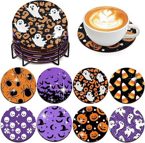 Amazon.com: 8 PCS Halloween Diamond Art Coasters with Holder Diamond Art Coasters, Halloween Pumpkin Spider Bat Ghost Diamond Art Kit for Beginners, Adults Kids DIY Diamond Art Craft (Halloween-2) : Arts, Crafts & Sewing Rhinestone Halloween, Halloween Kunst, Art Coasters, Diamond Drawing, Pumpkin Spider, Diy Cups, Craft Set, Art Kit, Halloween Patterns