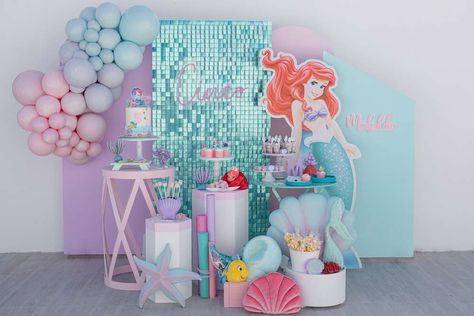 Mafalda's Little Mermaid Birthday Party | CatchMyParty.com Ariel Birthday Party Ideas, Little Mermaid Decorations, Ariel Birthday Party, Ariel Party, Ocean Theme Birthday, Mermaid Birthday Party Decorations, Mermaid Theme Birthday Party, Ariel Birthday, 2nd Birthday Party Themes