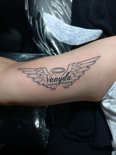 Small Rest In Peace Tattoos Ideas, Tattoo Ideas Rip Brother, Small Heaven Tattoo, Neck Memorial Tattoo, Rip Aunt Tattoos, Angel Wings Remembrance Tattoo, Rip Hand Tattoos For Women, Angel Wing With Name Tattoo, Angle Tattoos For Women Angels Heavens