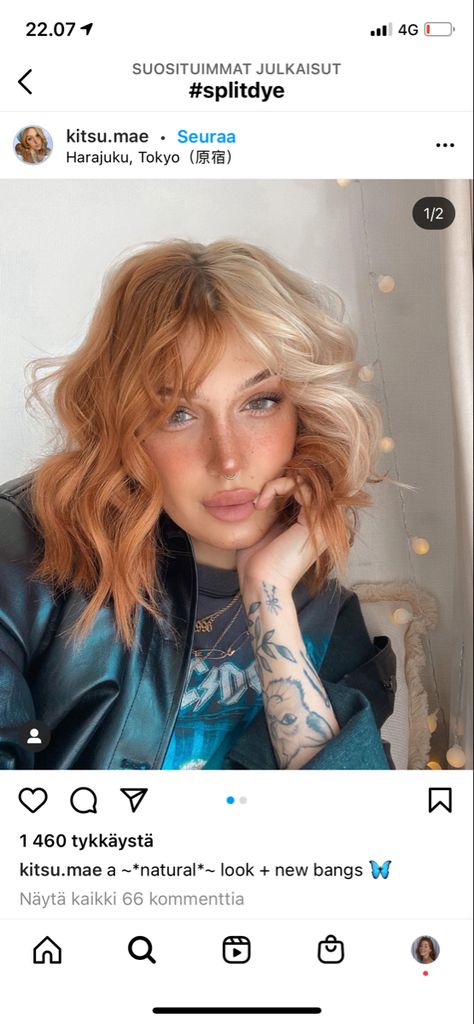 Half And Half Ginger And Blonde, Split Dye With Bangs Curly, Unique Hair Color Ideas For Blondes Rose Gold, Strawberry Blonde Hair Color Block, Blonde To Ginger Balayage, Auburn And Blonde Hair Split, Copper And Blonde Color Blocking, Copper And Platinum Split Dye, Blonde With Copper Money Piece