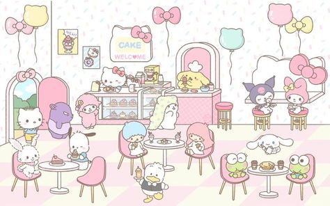 Horizontal Sanrio Wallpaper, Sanrio Illustration, Hello Kitty Imagenes, Hello Kitty Characters, Hello Kit, Hello Kitty Backgrounds, Hello Kitty Cartoon, Cute Pastel Wallpaper, Sanrio Wallpaper