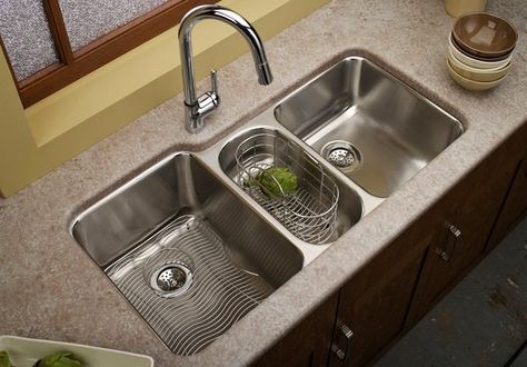 Double Basin Kitchen Sink Cupboard Hardware, Kitchen Sink Remodel, Double Basin Kitchen Sink, Kitchen Sink Organization, Modern Kitchen Sinks, Double Kitchen Sink, Kitchen Sink Design, Steel Kitchen Sink, Sink Design