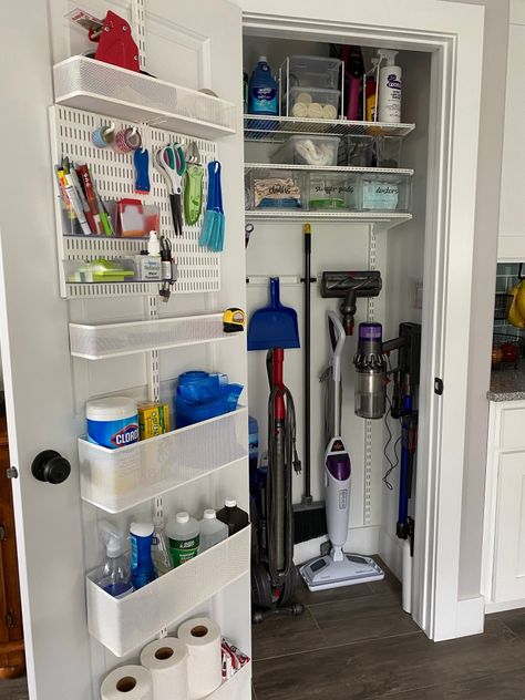 Storage Cupboard Ideas, Broom Closet Organizer, Wood Living Room Decor, Mop Storage, Big Coat, Utility Closet, Hallway Closet, Apartment Decorating Living, Office Organization At Work