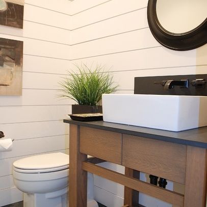 Bathroom Horizontal Wood Wall Planks Paneling Powder Room, Nickel Gap, Zen Interiors, Wall Planks, Eclectic Bathroom, V Groove, Bathroom Walls, Powder Room Design, Modern Farmhouse Bathroom