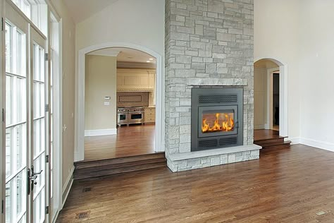 Two steps down Fireplace In Middle Of House, Fireplace In Middle Of Room, Horse House, Two Sided Fireplace, Dream Farmhouse, Fireplace Shelves, Addition Ideas, Sunken Living Room, Small Fireplace