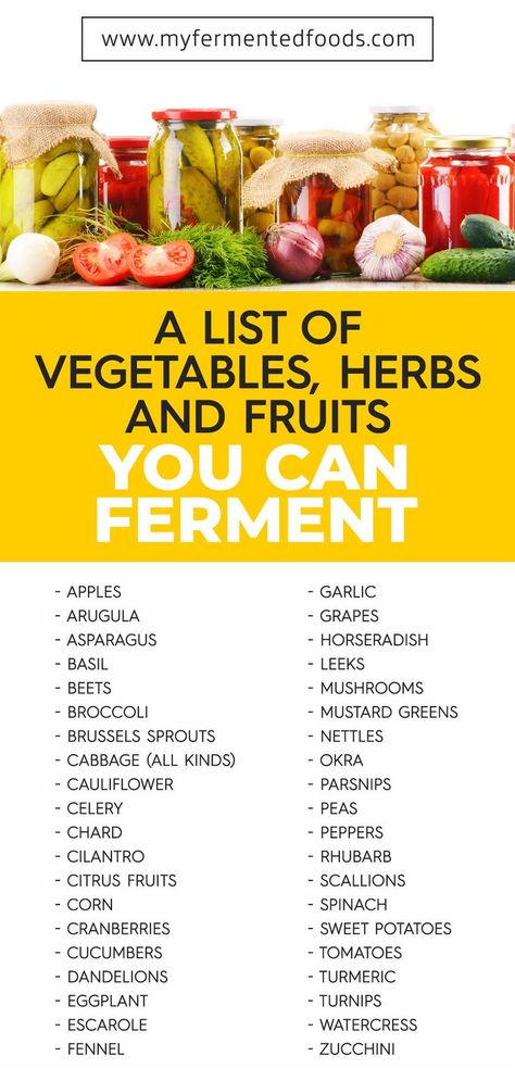 Take a look at the list of foods you can ferment. Fermentation is a smart way to preserve food and give your gut the good bacteria full of probiotics. Apples, beets, and turmeric are just some of the foods you can ferment.   . . . #MyFermentaionFoods #FermentedFoods #BestFermentedFoods #Fermenting #Fermentation #FermentingTips #Sourdough #Cheese #Sauerkraut #Kefir #Yogurt #Kimchi #Pickles #Tempeh #Natto #Miso #Canning #UrbanFarming Fermented Foods List Of, Easy Fermented Foods, Fermenting Crock Recipes, Fermented Cheese, Fermented Foods For Gut Health, Kimchi Pickles, Fermented Mushrooms, Fermenting Foods, Microbiome Diet