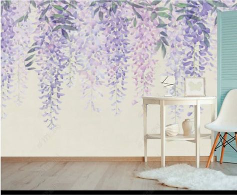 Lavendar Walls, Wall Murals Painted Bedrooms, Oil Painting Wallpaper, Lavender Nursery, Bedroom Purple, Purple Bouquet, Basement Makeover, Wall Murals Painted, Mural Wall