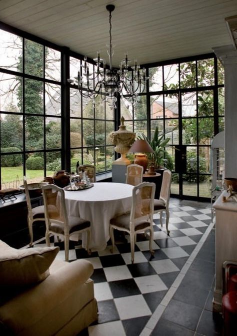 Sunroom eating area. charisma design Harlequin Floors, Black Wood Floors, Reclaimed Wood Ceiling, Wood Floor Kitchen, White Tile Floor, Best Office, White Floors, Wood Ceilings, Trendy Home