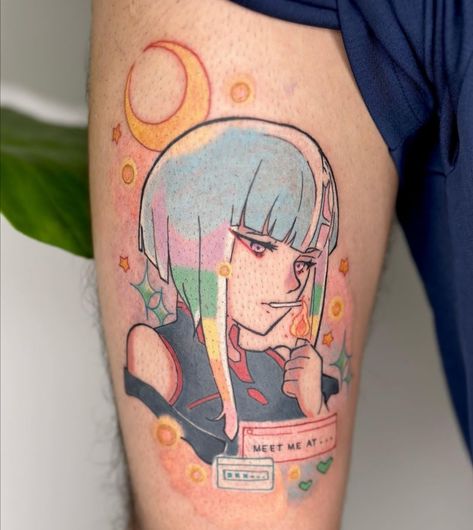 Edgerunners Tattoo Ideas, Manga Style Tattoo, Cyberpunk Anime Tattoo, Gaming Tattoo Ideas, Cyberpunk Edgerunners Tattoo, Cyberpunk 2077 Tattoo, Luv Tattoo, Banner Tattoo, Dbz Tattoo