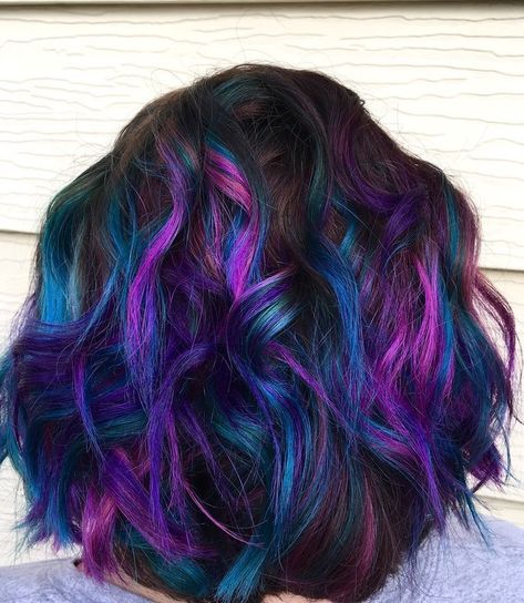 Teal Balayage, Peacock Hair Color, Blue Motivation, Midnight Hair, Blue Hairstyles, Peacock Hair, Galaxy Hair, Purple Highlights, Lilac Hair