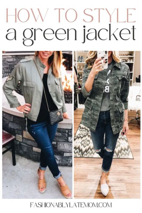 Master the art of styling green utility jackets with our fashion guide! Learn how to wear this versatile piece for casual fall outfits that are both trendy and comfortable. Green Military Jacket Outfit, Military Jacket Outfits, Utility Jacket Outfit, Green Jacket Outfit, Green Cargo Jacket, Jackets Casual, Military Jacket Green, Casual Outfits For Moms, Wardrobe Capsule