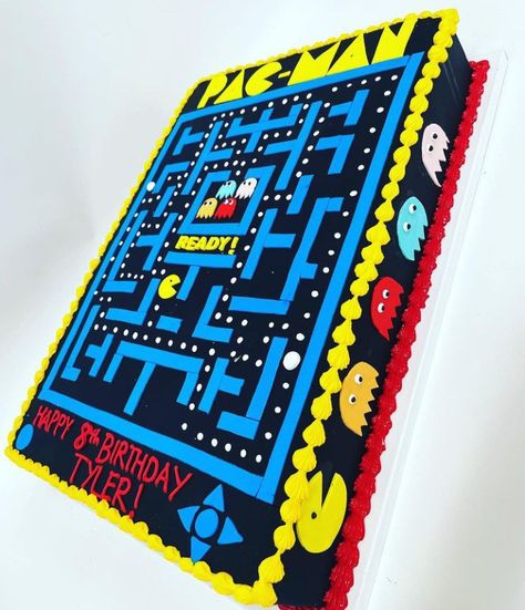 Arcade Birthday Party Cake, Pac Man Cake Ideas, Arcade Cake, Pac Man Cake, Arcade Birthday Parties, Birthday Sheet Cakes, Happy 8th Birthday, 80s Theme Party, Glow Birthday