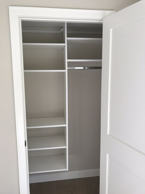 Single Door Closet Organization Ideas, No Walk In Closet Ideas, Single Door Closet Ideas, Small Reach In Closet Makeover, Single Door Closet Organization, Single Door Closet, Reach In Closet Ideas, Small Closet Systems, Bedroom Planning