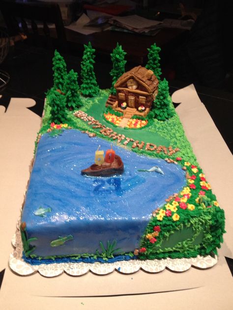 Cabin on the Lake Cake By Renee' Brown Lake Cake, Pond Cake, Fish Cake Birthday, Nature Cake, Lake Birthday, Fishing Cake, Camping Cakes, Red Birthday Cakes, Cake Liner