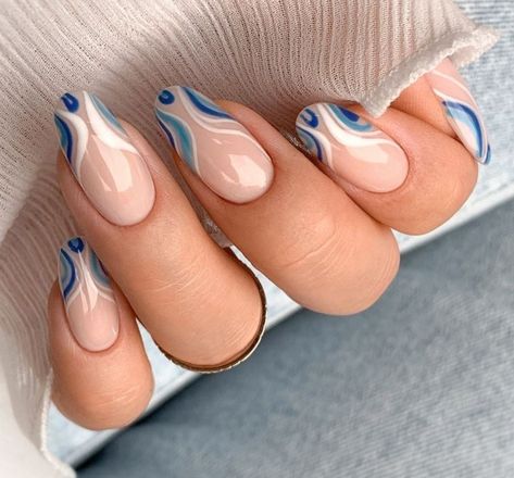 Nails Paris Design, Blue French Tips With White Line, Sky Blue And White Nails, Tap Nails, Storm Nails, Patterned Nails, Wave Nails, Hello Nails, Her Nails