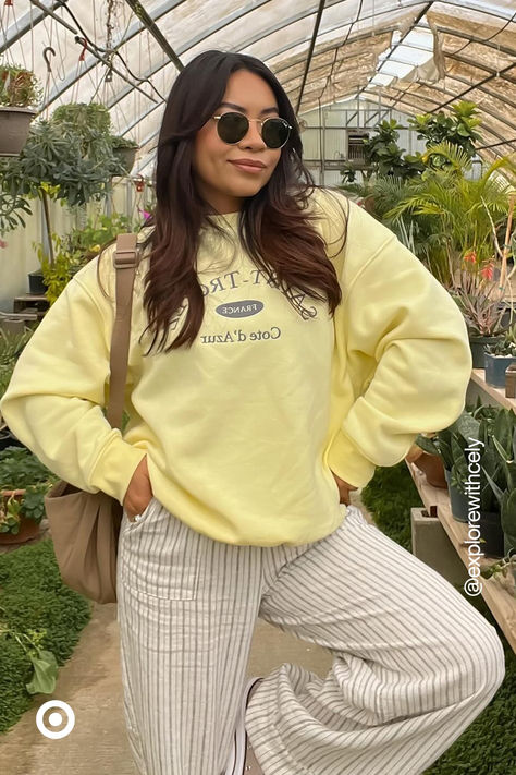 Level up your pastel aesthetic with this buttery yellow sweatshirt. The baggy fit makes it a spring wardrobe staple—style it with lounge pants or a cute tennis skirt for an elevated-casual look. Light Yellow Sweatshirt, Comfy Oversized Outfits, Yellow Outfits Aesthetic, Yellow Sweatshirt Outfit, Summer Girl Outfits, Yellow Outfit Aesthetic, Super Casual Outfits, Cute Tennis Skirt, Cute Lounge Outfits