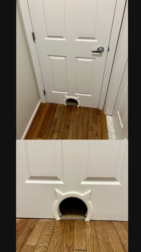 Cat door entrance for laundry room, basement, garage, or room with litter box. DIY cat door with cat ear door frame from Amazon Litter Box Room, Diy Cat Door, Litter Box Diy, Laundry Room Basement, Basement Garage, Box Room, Door Entrance, Cat Door, Box Diy