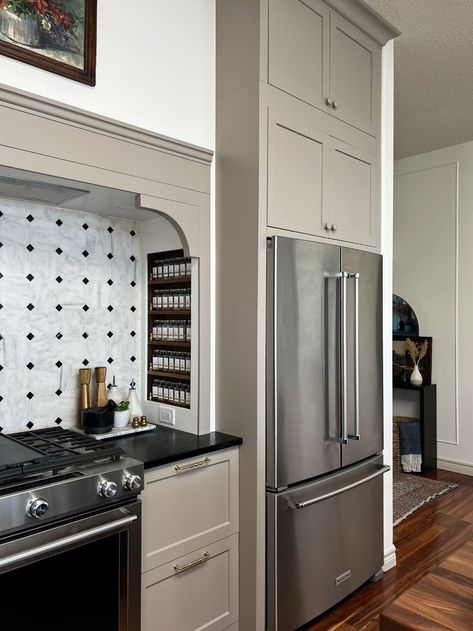 Built In Vs Counter Depth Fridge, Fridge Against Wall In Corner, Fridge With Cabinets Around It, Fridge In Dining Room, Stove Cove, Kitchen Cabinets Refrigerator, Cabinets Around Fridge, Kitchen Cabinet Dimensions, Refrigerator Ideas