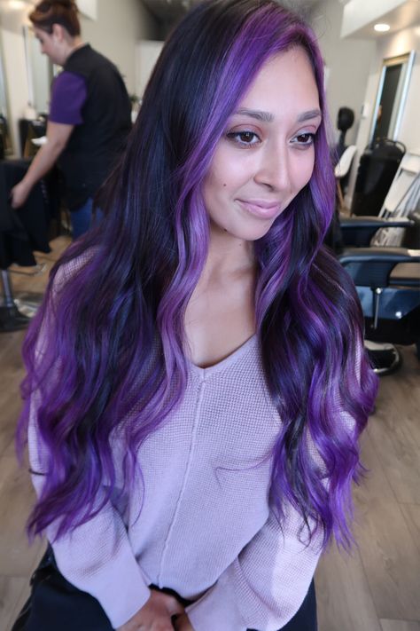 Purple Ombre Hair With Money Piece, Brown Hair With Purple Money Piece Highlights, Purple Ombre On Black Hair, Purple Hair With Lavender Front Pieces, Purple With Money Piece, Black With Purple Money Piece Hair, Purple Balayage With Money Piece, Dark Hair Purple Money Piece, Face Framing Purple Highlights