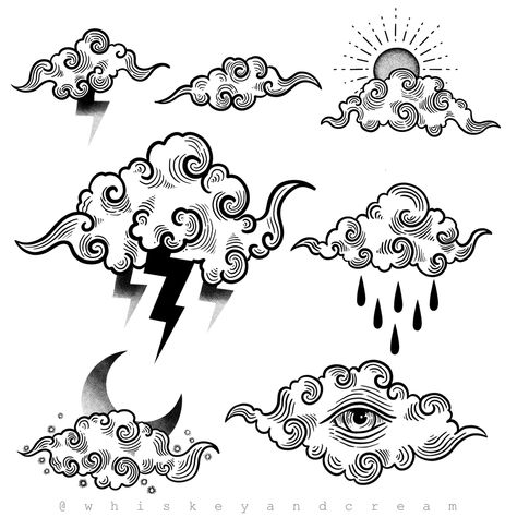 Engraving style cloud flash with thunder, rain and moon. Made by whiskeyandcream Rain Cloud Tattoos, Cloud Tattoos, Cloud Tattoo Design, Rain Tattoo, Tattoo Sheets, Storm Tattoo, Lightning Tattoo, Painted Converse, Ukraine Art