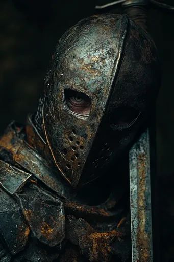 ↑↑↑ Larger size on website 🔸 The image depicts a close-up of a knight's face, obscured by a weathered, rusty helmet.  A single ey Dark Fantasy Helmet Design, Knight Helmet Reference, Fantasy Knight Helmet, Angel Knight, Knight Mask, Cinematic Scene, Knight Drawing, Evil Knight, Knight Helmet