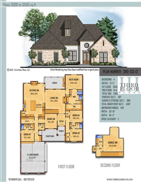 $1000.00 House Plan 9 sets Friends Entry, Keeping Room With Fireplace, Living Room With A Fireplace, House Plans 2 Story, Open House Plans, Room With Fireplace, Keeping Room, 3 Car Garage, Shared Bedrooms