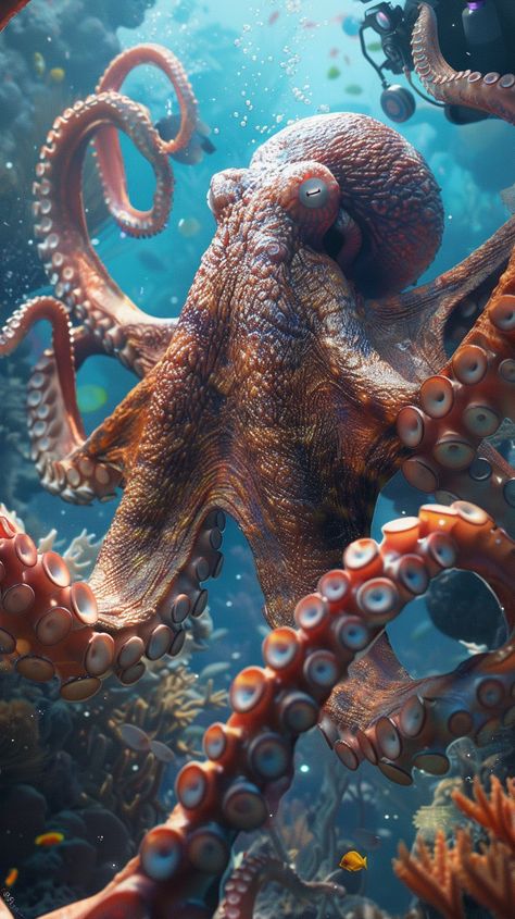 #LargeOctopus #UnderwaterCorals #SmallDiver #Realistic4k #Mark5Helmet Blue Ringed Octopus Photography, Day Octopus, Cracken Octopus, Coral Photography, Octopus Photos, Octopus Photography, Octopus Images, Ocean Life Photography, Octopus Pictures