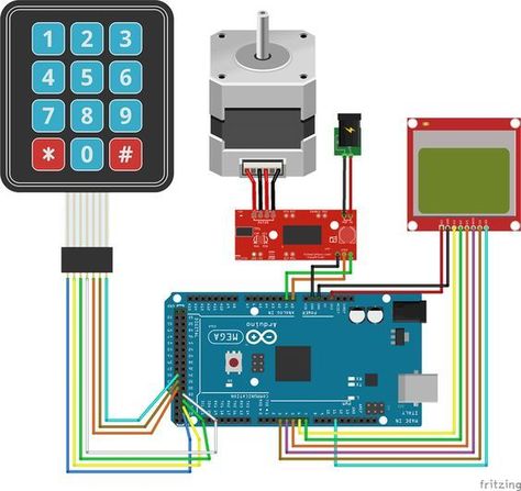 A circuit diagram to control the movement of a stepper motor by entering a value in millimeters using an Arduino a keypad and display the position on a Nokia LCD. Arduino Stepper Motor Control, Computing Display, Arduino Stepper, Arduino Display, Arduino Motor, Arduino Lcd, Arduino Cnc, Arduino Programming, Arduino Projects Diy