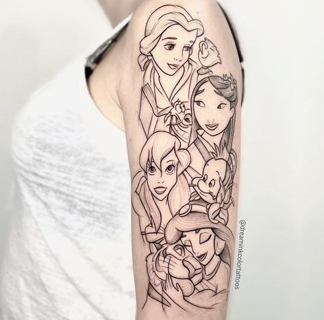 Disney Princess Arm Sleeve Tattoo, Disney Princess Leg Sleeve Tattoo, Disney Princess Tattoo Ideas Sleeve, Princess Sleeve Tattoo, Disney Princess Sleeve Tattoo, Disney Animals Tattoo, Princess Tattoos For Women, Disney Black And White Tattoo, Disney Princess Tattoo Sleeve