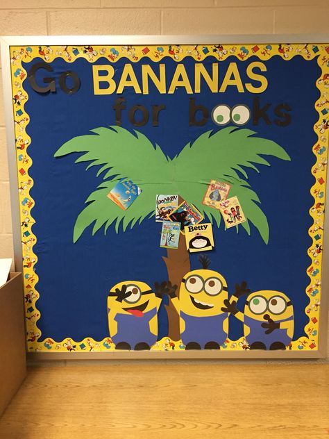 Bulletin board for the library. Minions Minion Student Council Posters, Minion Thanksgiving Bulletin Board, Minion Bulletin Board Ideas, Minions Classroom Decor, Minion Posters For School, Despicable Me Bulletin Board, Minion Bulletin Board, Minion Classroom Theme Bulletin Boards, Minion School