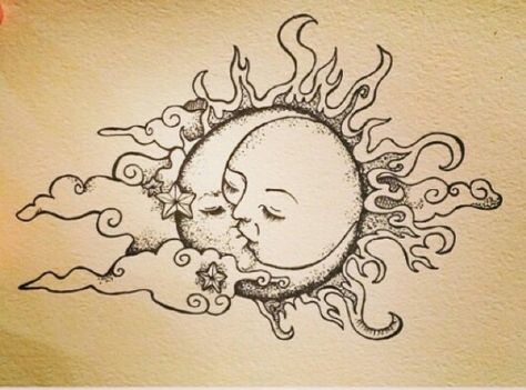 Moon And Sun Kissing, Sun And Moon Kissing Tattoo, Sun And Moon Kissing, Clouds And Stars Tattoo, Hugging Drawing, Pencil Tattoo, Kissing Drawing, Moon Sun Tattoo, Kiss Painting