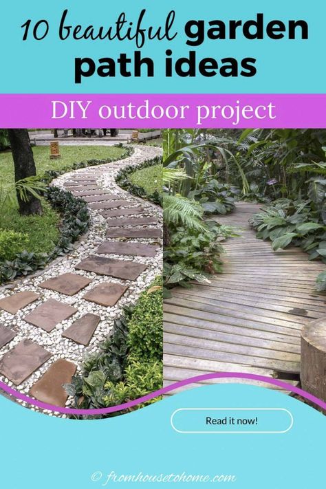 These garden path ideas are awesome! I found some great inspiration for the new gravel walkway with stepping stones I want to install in my front yard. But there's also great ideas for brick, wooden, mulch, grass, stone and flagstone paths and walkways that will fit in any garden design. #fromhousetohome #gardenpaths #pathsandwalkways #walkways #diyprojects #gardendesign Walkway With Stepping Stones, Garden Path Ideas, Gravel Walkway, Stone Garden Paths, Flagstone Path, Backyard Walkway, Stepping Stones Diy, Path Ideas, Brick Garden