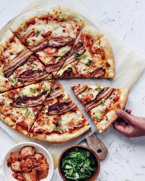 Kimchi Bacon Pizza | The Subversive Table Kimchi Pizza, Pizza With Bacon, Homemade Pizza Night, Easy Kimchi, Bacon Pizza, Fusion Dishes, Pizza Ingredients, Korean Dishes, Dinner Inspiration