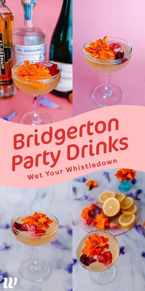 How to Make a Bubbly Bridgerton Cocktail. As sweet and tart as Lady Whistledown herself, this fizzy, floral cocktail will be the buzz of the town. Pinkies up! Plan the food and drinks for your Bridgerton British Party and start by making these cute Cocktails. Whimsy Soul. Bridgerton Cocktail, Cute Cocktails, British Party, Lady Whistledown, Bridgerton Inspired, High Tea Party, Floral Cocktails, Tea Party Theme, Tea Party Food