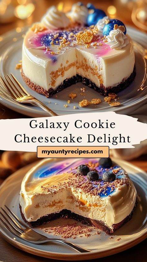 Experience a celestial treat with our Galaxy Cookie Cheesecake Delight! This stunning dessert features a creamy cheesecake filling, swirled with colorful galaxy-inspired cookie dough. Perfect for any occasion, this cheesecake combines rich flavors and vibrant colors to create a visual masterpiece. Each slice is a heavenly blend of sweet cream cheese, decadent cookies, and a touch of whimsy. Cheesecake Delight, Galaxy Cookies, Cream Cheese Oreo, Cookie Cheesecake, Mini Chocolate Chip Cookies, Oreo Cookie Crust, Our Galaxy, Oreo Crust, Blue Food Coloring