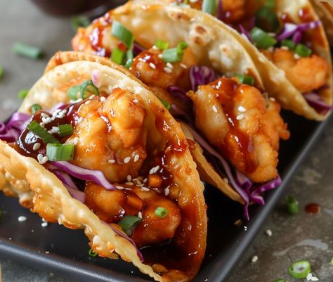 Crispy Chicken Wonton Tacos with Tangy Asian Slaw Crispy Wonton Tacos, Crispy Chicken Wonton Tacos, Asian Fusion Tacos, Asian Tacos Chicken, Asian Shrimp Tacos, Asian Chicken Tacos, Thai Tacos, Wonton Chicken, Asian Tacos