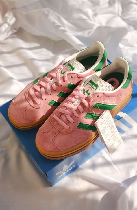 new in - platform adidas gazelle in the most stunning color combination: true pink / green / cloud white Gazelle Adidas Platform, Green Adidas Gazelle, Gazelle Platform, Platform Adidas, Pink Gazelle, Adidas Platform, Pink Gazelles, Gazelle Adidas, Adidas Gazelle Bold